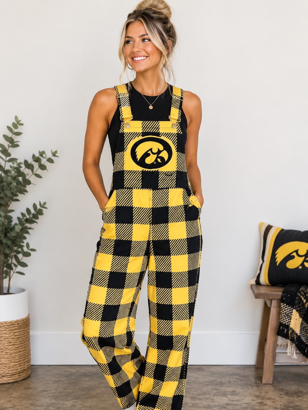 Iowa Hawkeyes Yellow & Black Plaid Overalls - Unisex MD or LG